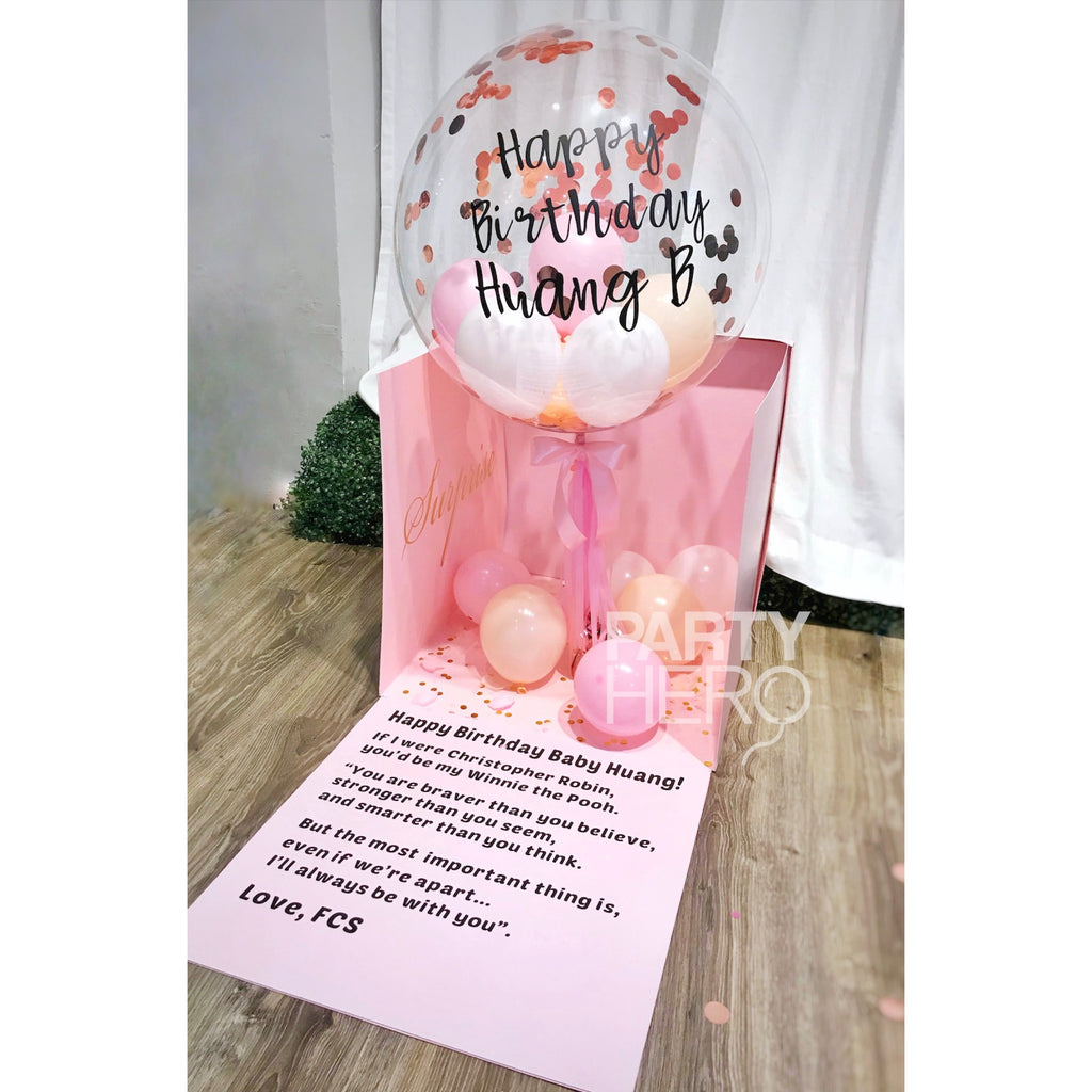 22" Personalized Balloon Surprise Box with Message & Confetti / Feathers / Mini Balloons (Please Order 3 Working Days in Advance)